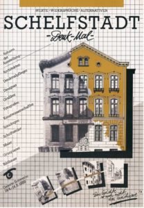 Das Plakat der Ausstellung zeigt eine Collage eines unsanierten Altbaus und einer Vision nach der Sanierung