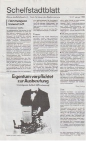 Ein Ausschnitt aus der Zeitung Schelfstadtblatt. Eine Collage mit dem Titel: Eigentum verpflichtet zur Ausbeutung