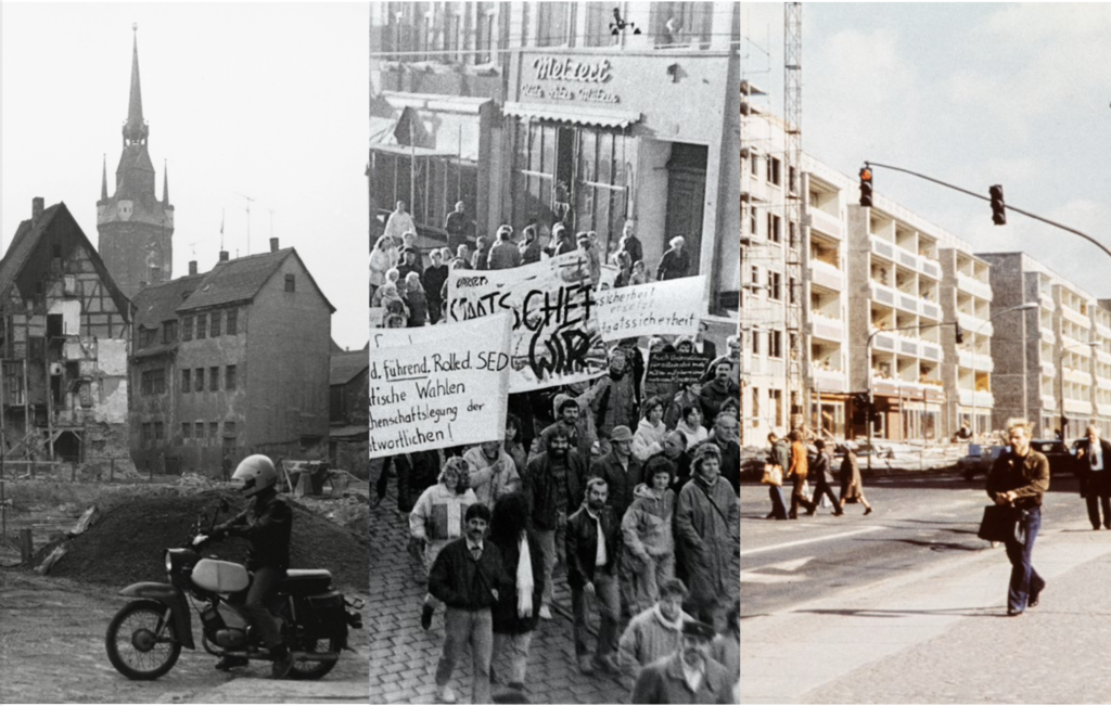 Dekorative Bildcollage: Straßenszene in einer verfallenen Altstadt, Demonstrationszug um 1989, Farbfotografie eines DDR-Neubaus